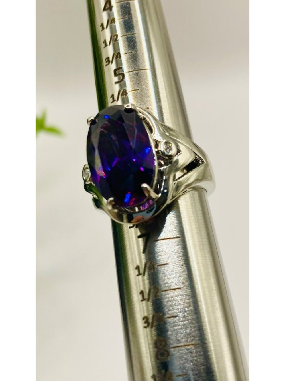 Oval-Cut Faceted Amethyst CZ Silver Ring Side Accents Size 6.25 -49B